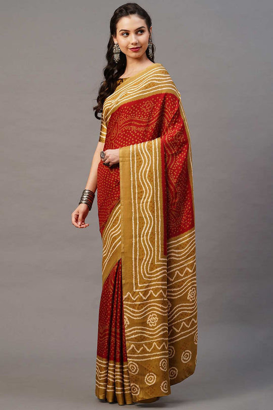 Buy Red Tie Dye Printed Satin Silk One Minute Saree Online - Side