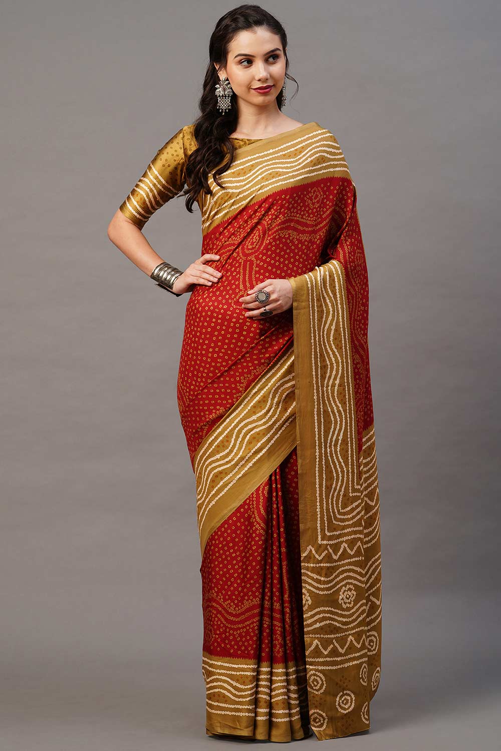 Buy Red Tie Dye Printed Satin Silk One Minute Saree Online