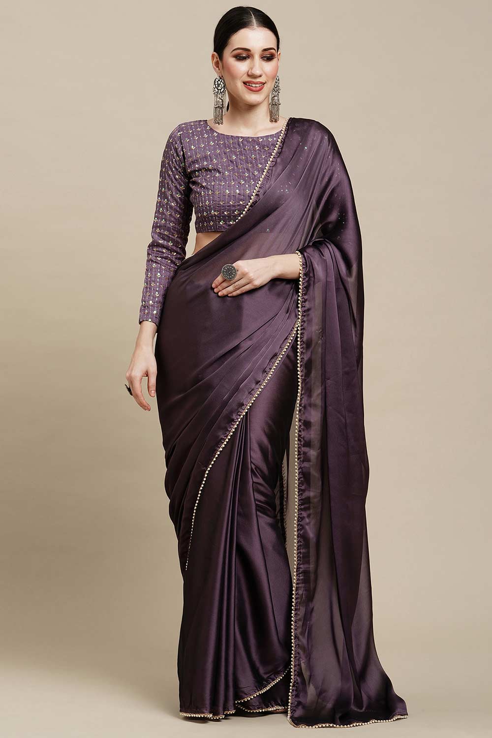 Sula Purple Georgette Solid One Minute Saree