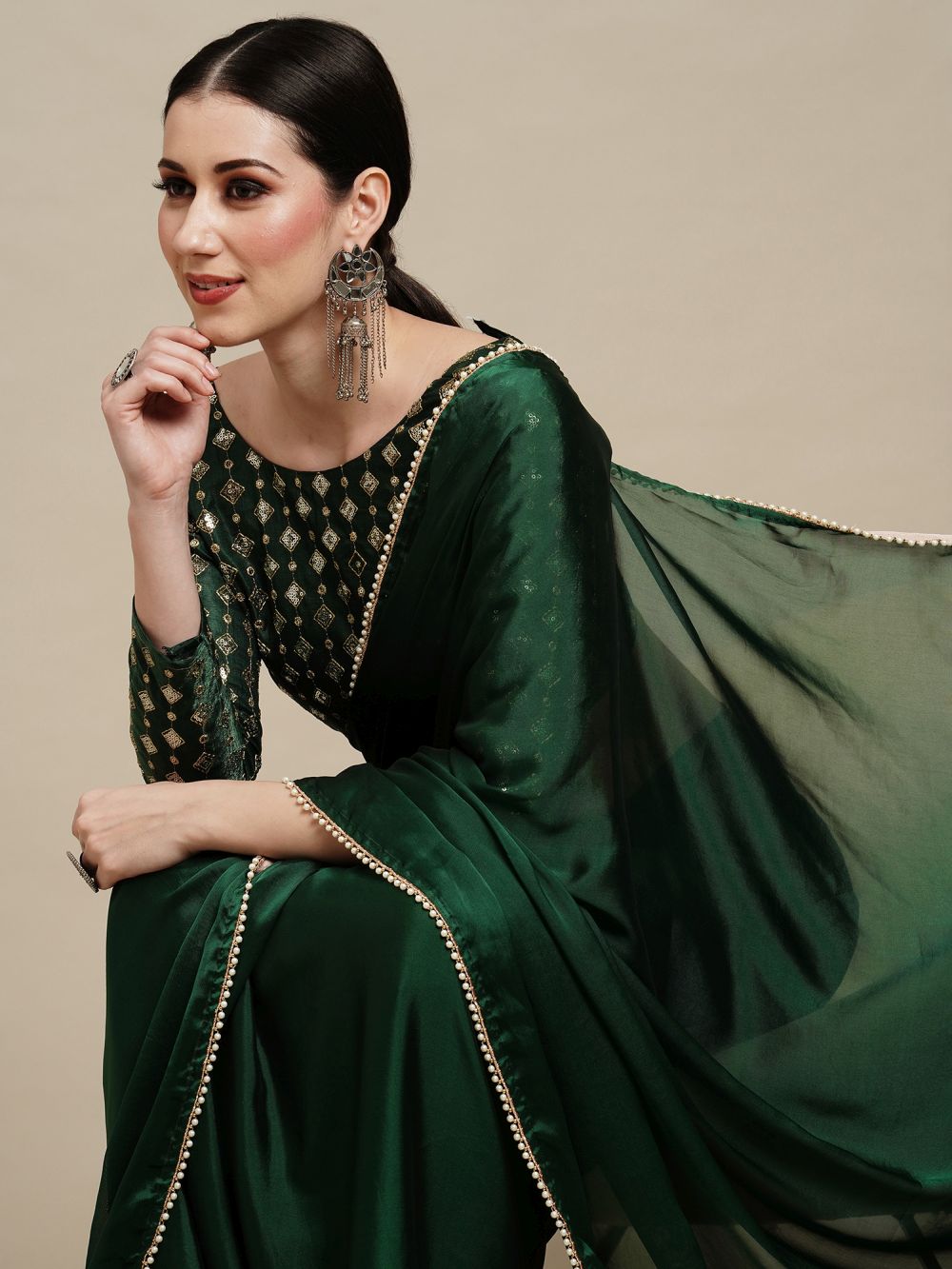 Sula Emerald Green Georgette One Minute Saree