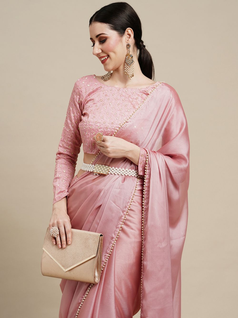 Sula Pink Georgette Solid One Minute Saree