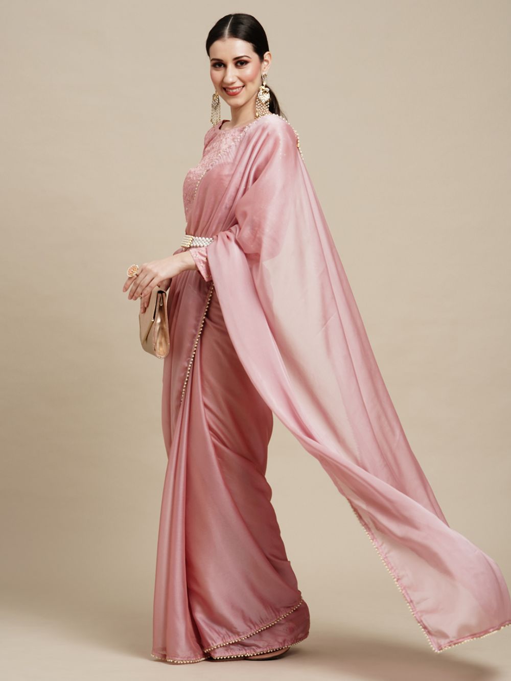 Sula Pink Georgette Solid One Minute Saree