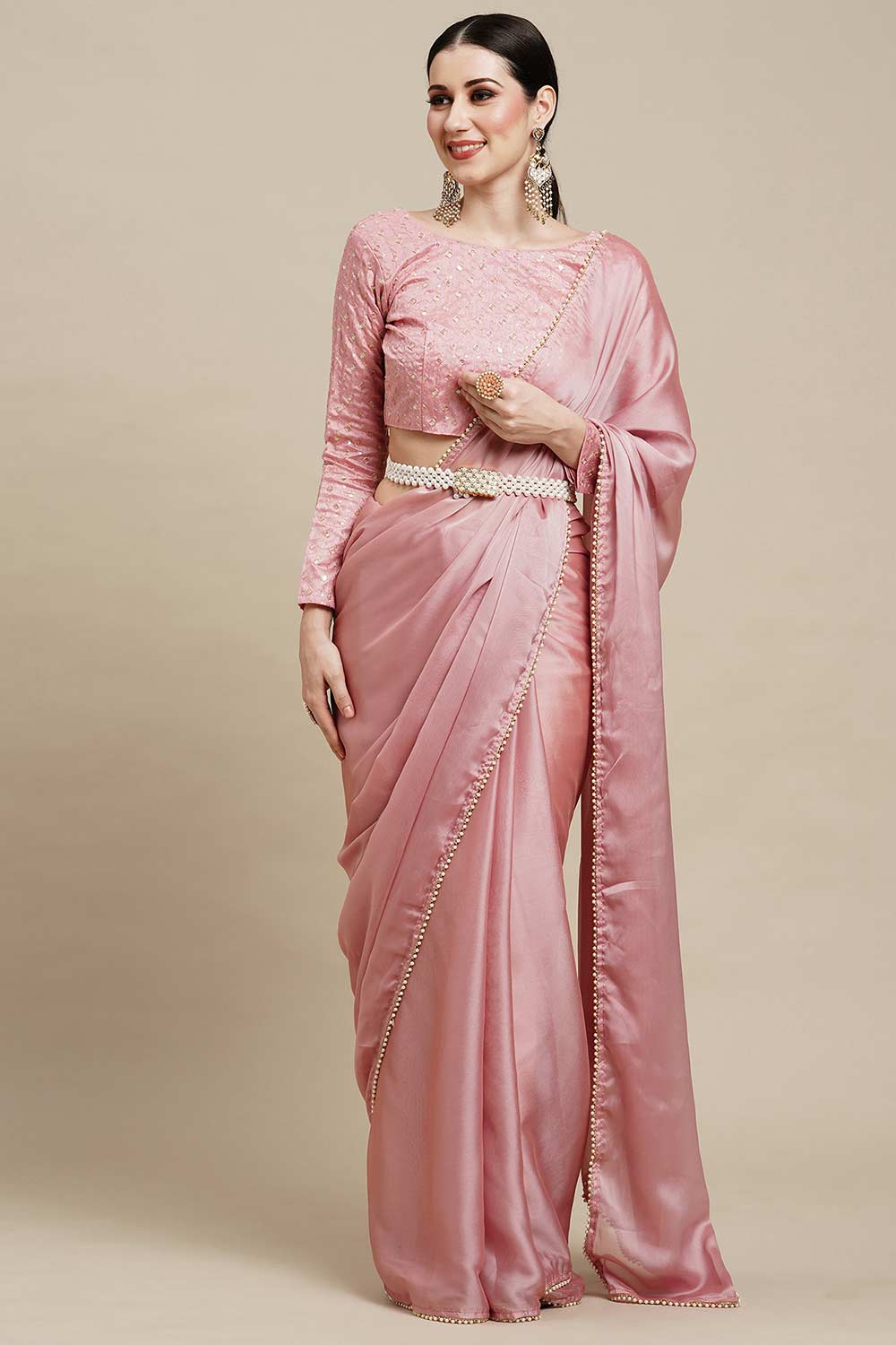 Sula Pink Georgette Solid One Minute Saree
