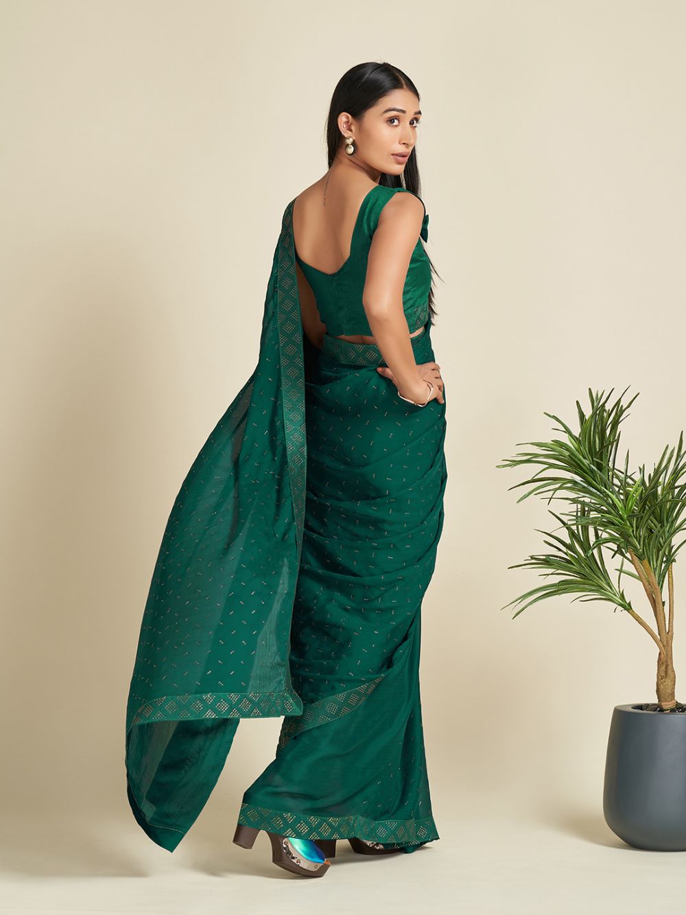 Chelsea Green Faux Satin One Minute Saree