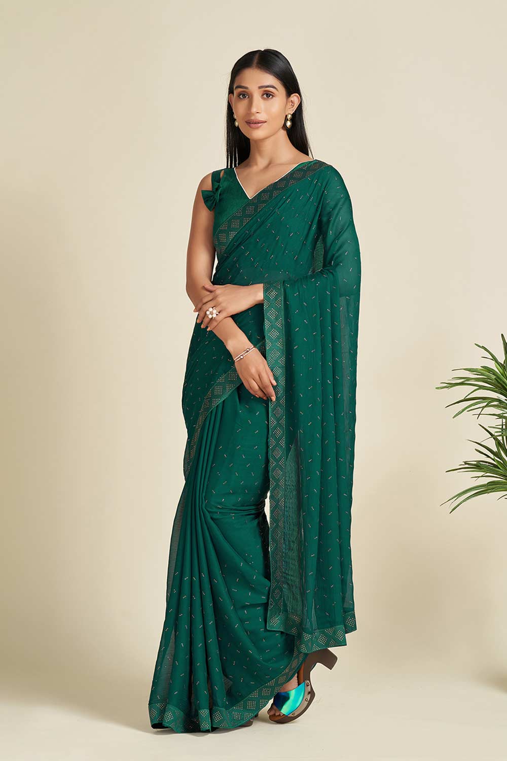 Chelsea Green Faux Satin One Minute Saree