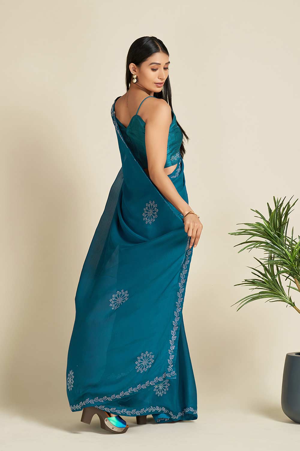 Buy Teal blue Satin Stone Work Embellished One Minute Saree Online - Front
