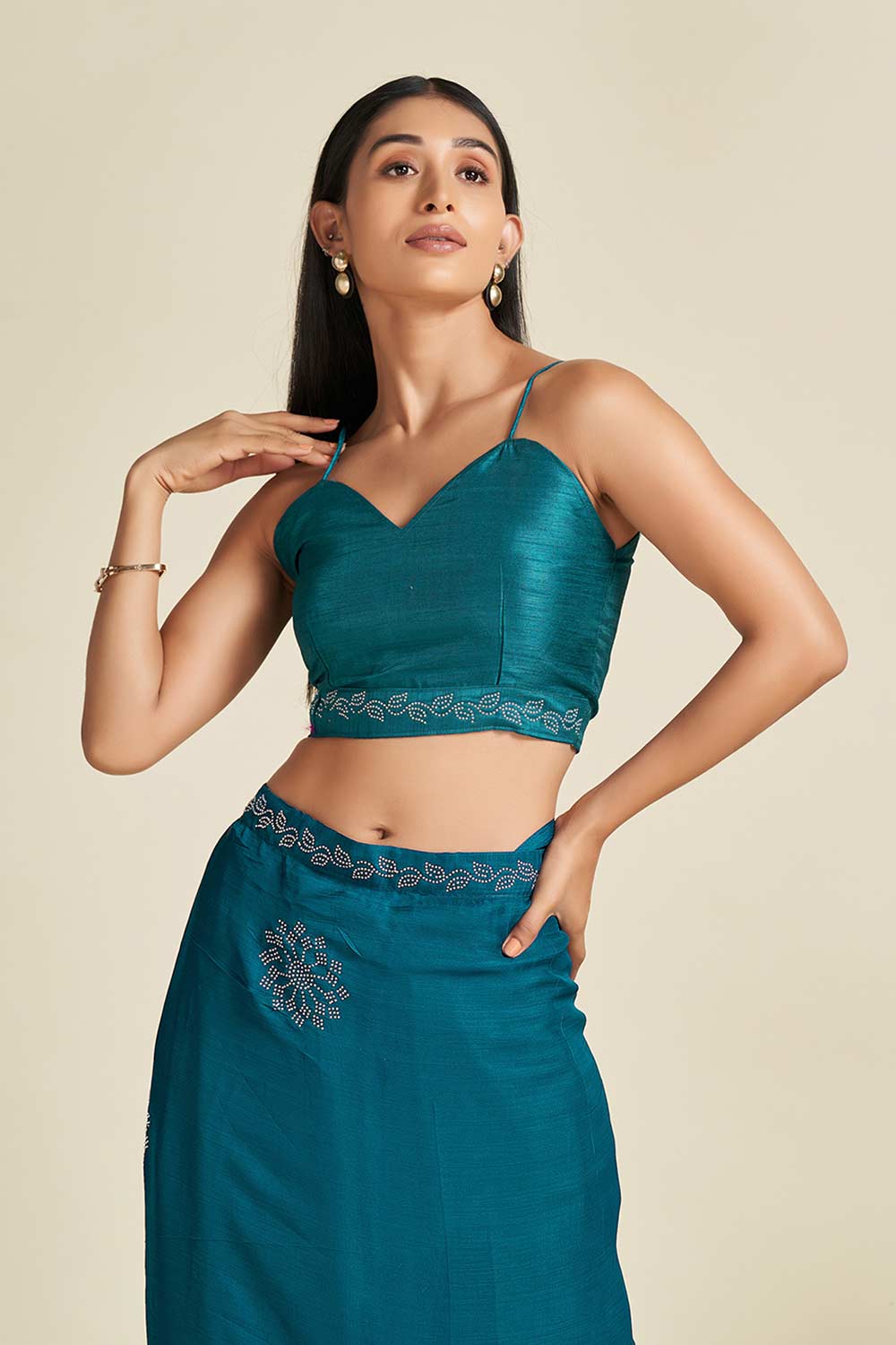 Buy Teal blue Satin Stone Work Embellished One Minute Saree Online - Zoom In