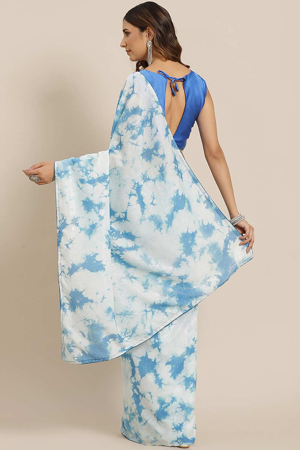 Cheri Blue Poly Silk Tie And Dye Embellished One Minute Saree