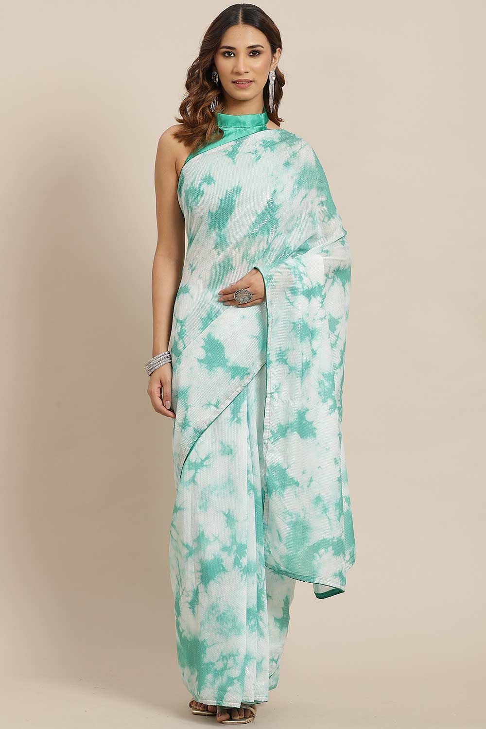 Nari Green Poly Silk Tie And Dye Embellished One Minute Saree