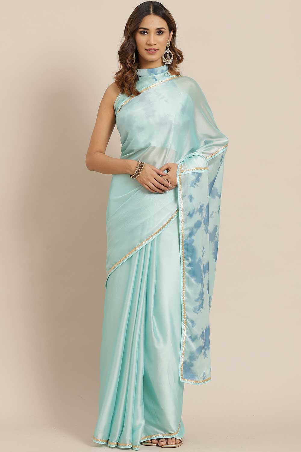 Trixie Turquoise Liva Tie And Dye Digital Print One Minute Saree