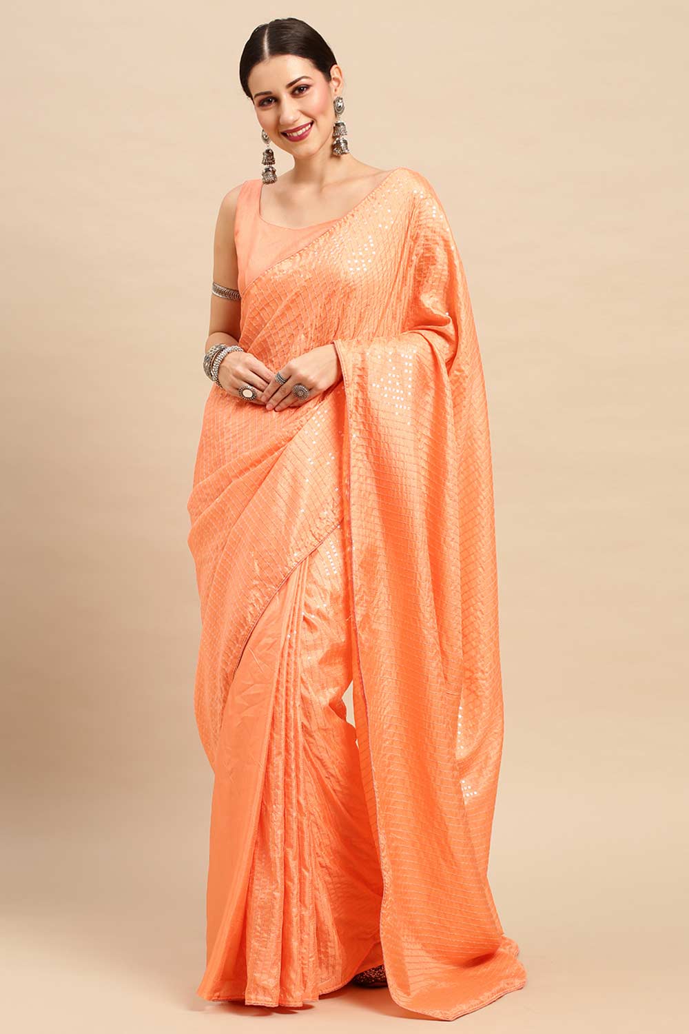 Buy Peach Dola Silk Striped Sequin One Minute Saree Online