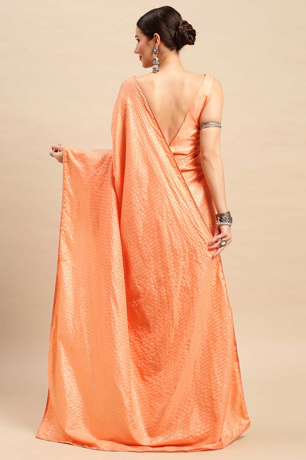 Buy Peach Dola Silk Striped Sequin One Minute Saree Online - Back