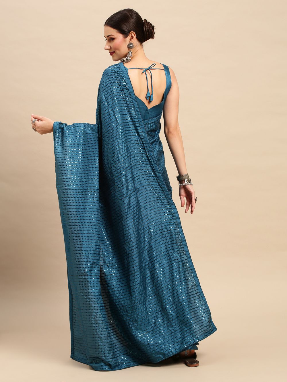 Daphine Turquoise Silk Blend Sequins Striped One Minute Saree