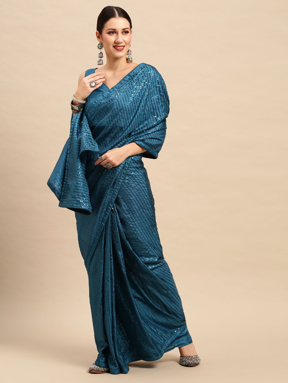 Daphine Turquoise Silk Blend Sequins Striped One Minute Saree