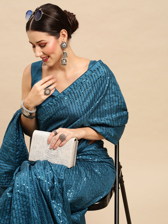 Daphine Turquoise Silk Blend Sequins Striped One Minute Saree