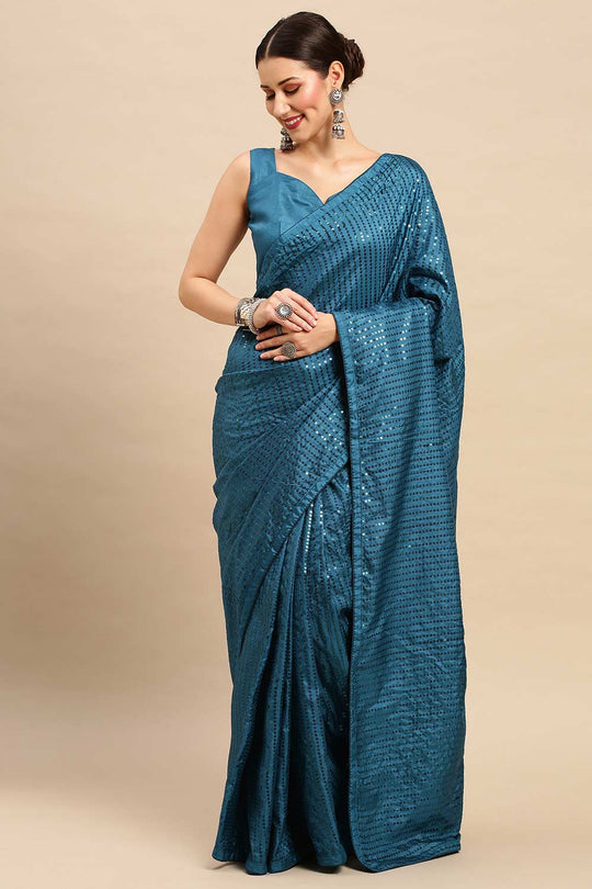 Daphine Turquoise Silk Blend Sequins Striped One Minute Saree