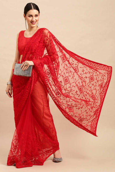 Buy Red Net Floral Embroidered One Minute Saree Online - Zoom In