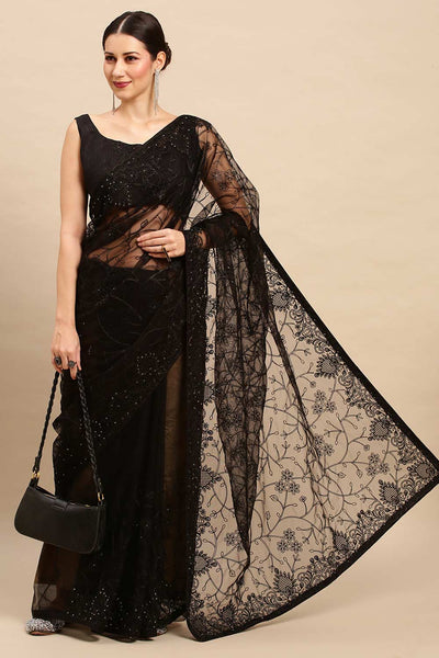 Buy Black Net Floral Embroidered One Minute Saree Online
