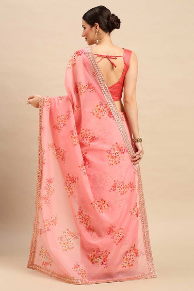 Buy Pink Organza Floral Printed One Minute Saree Online - Back