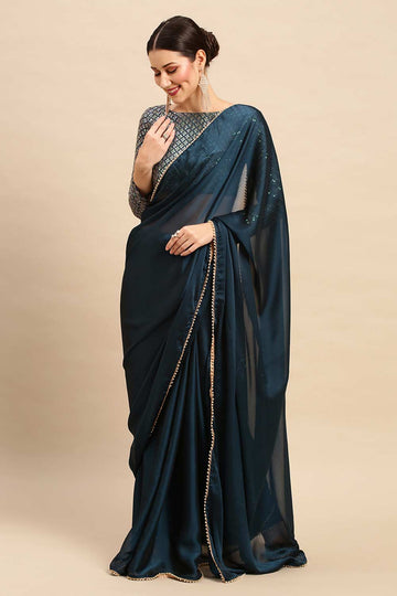 Avani Teal Blue Georgette Solid One Minute Saree