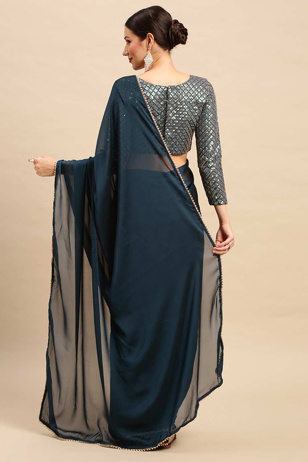 Buy Teal blue Georgette Solid One Minute Saree Online