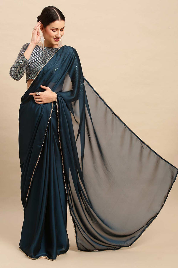 Buy Teal blue Georgette Solid One Minute Saree Online - Side