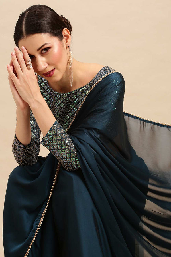 Buy Teal blue Georgette Solid One Minute Saree Online - Zoom In