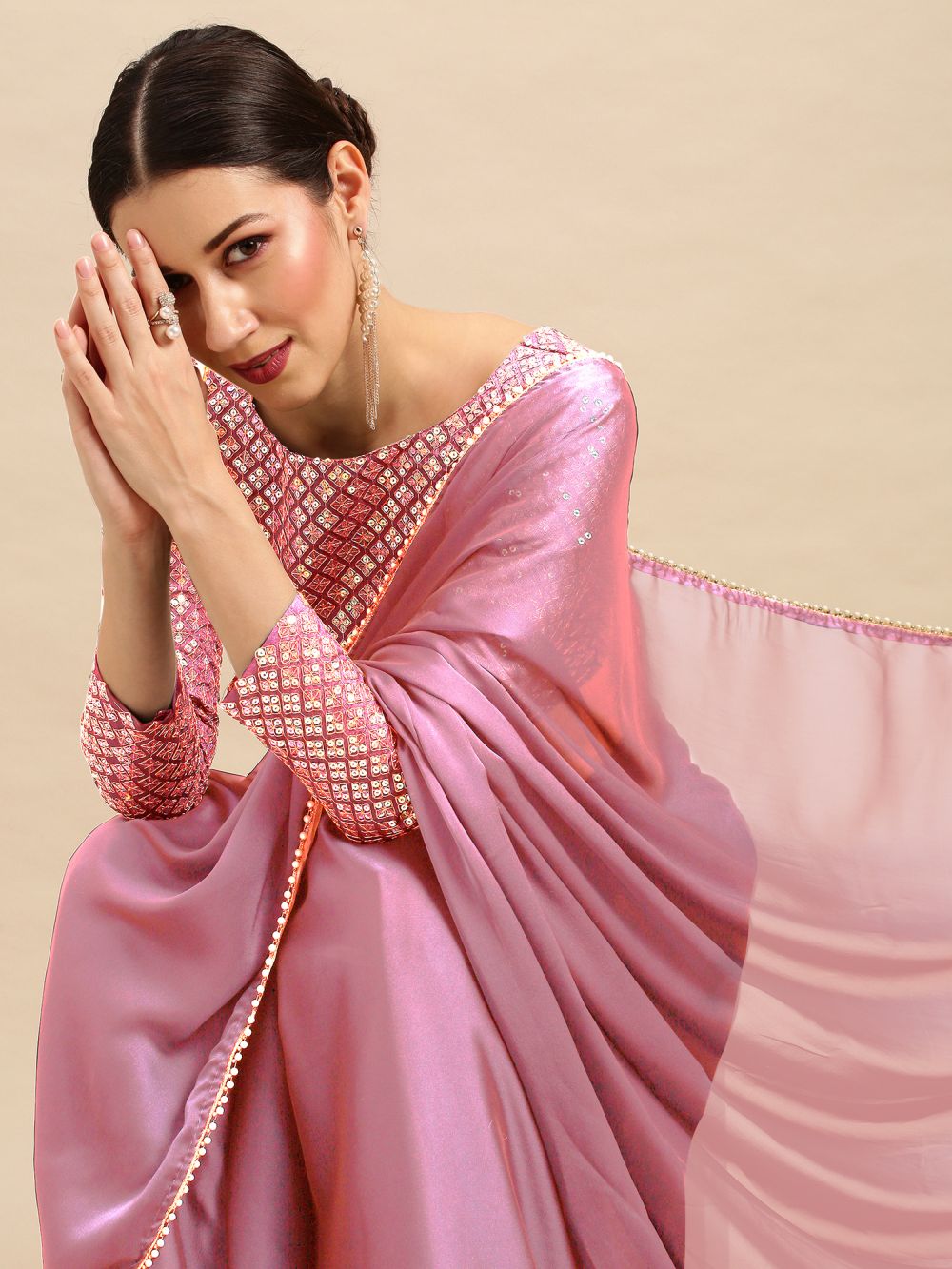Sula Lavender Pink Georgette Party Wear Solid Saree