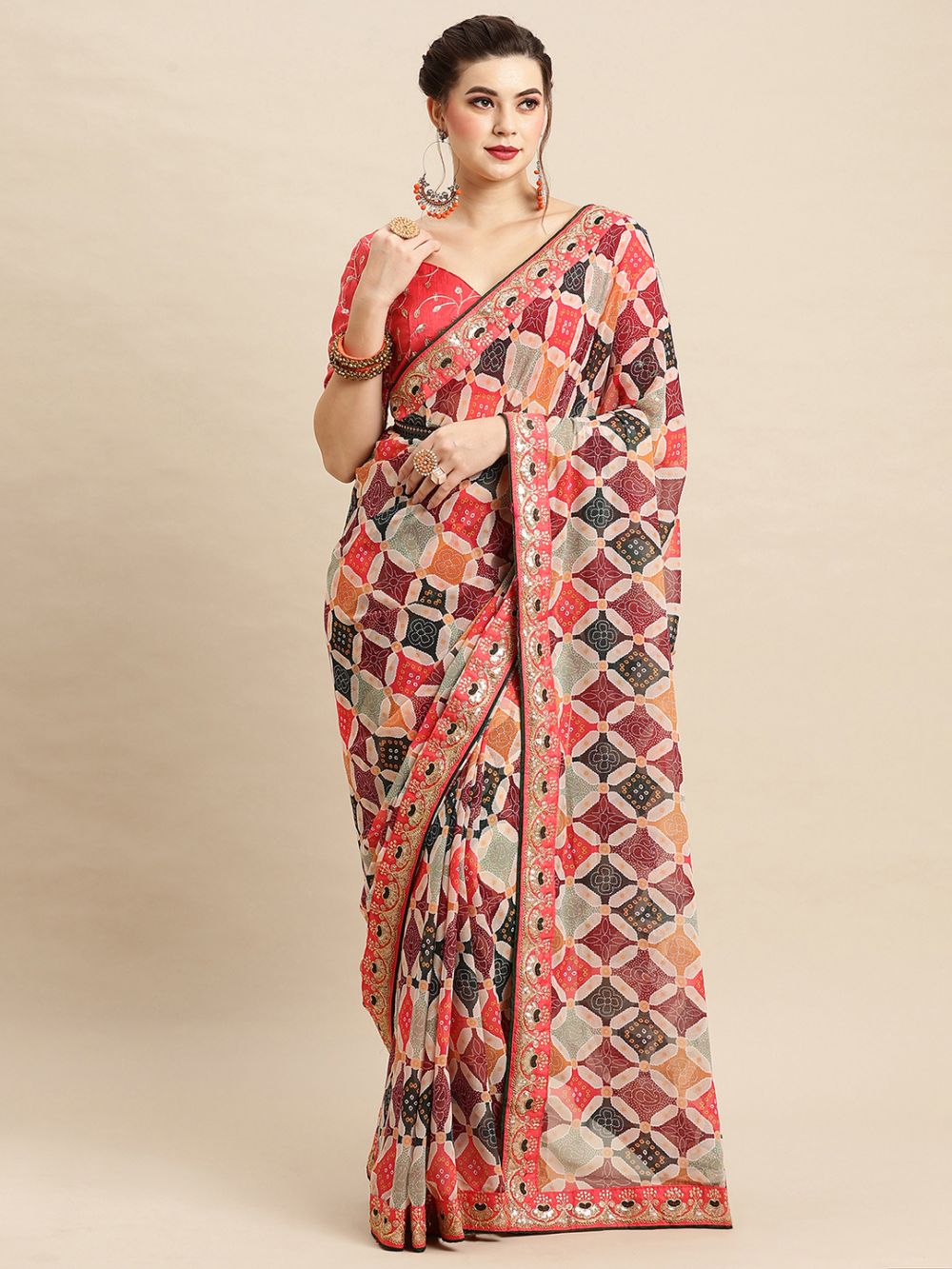 Tula Patchwork Georgette Bandhani One Minute Saree