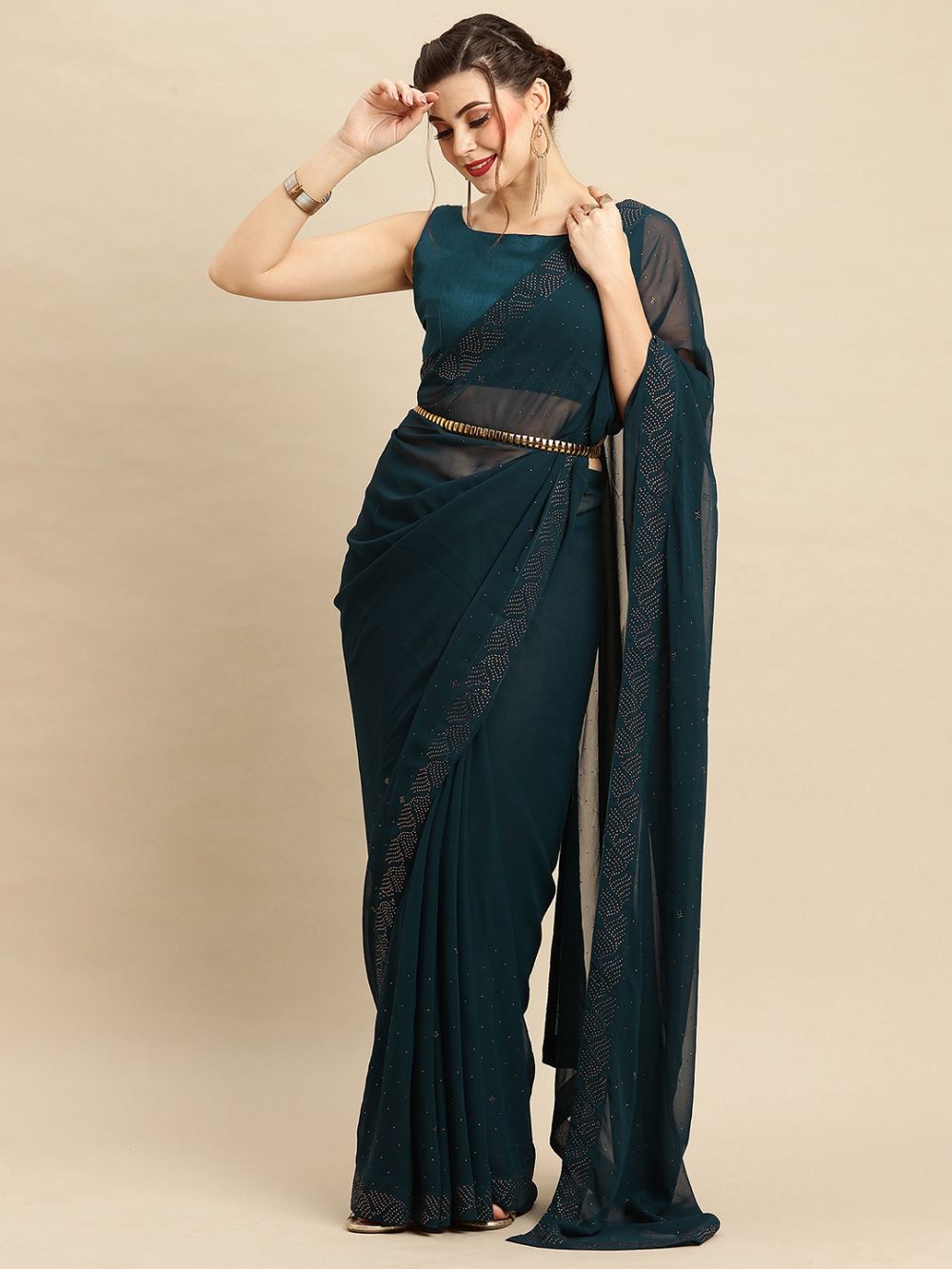 Zohra Teal Georgette Mukaish Solid Saree