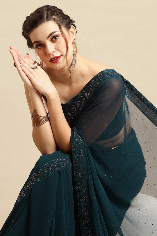 Zohra Teal Georgette Mukaish Solid Saree