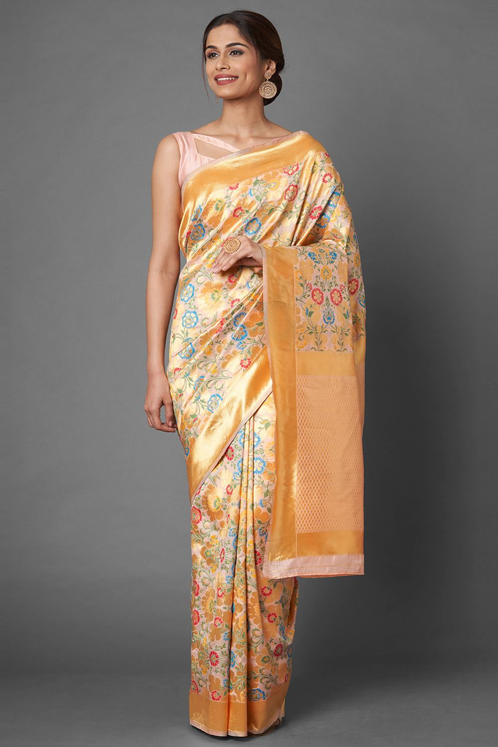 Buy Women's Peach Zari Silk Blend One Minute Saree