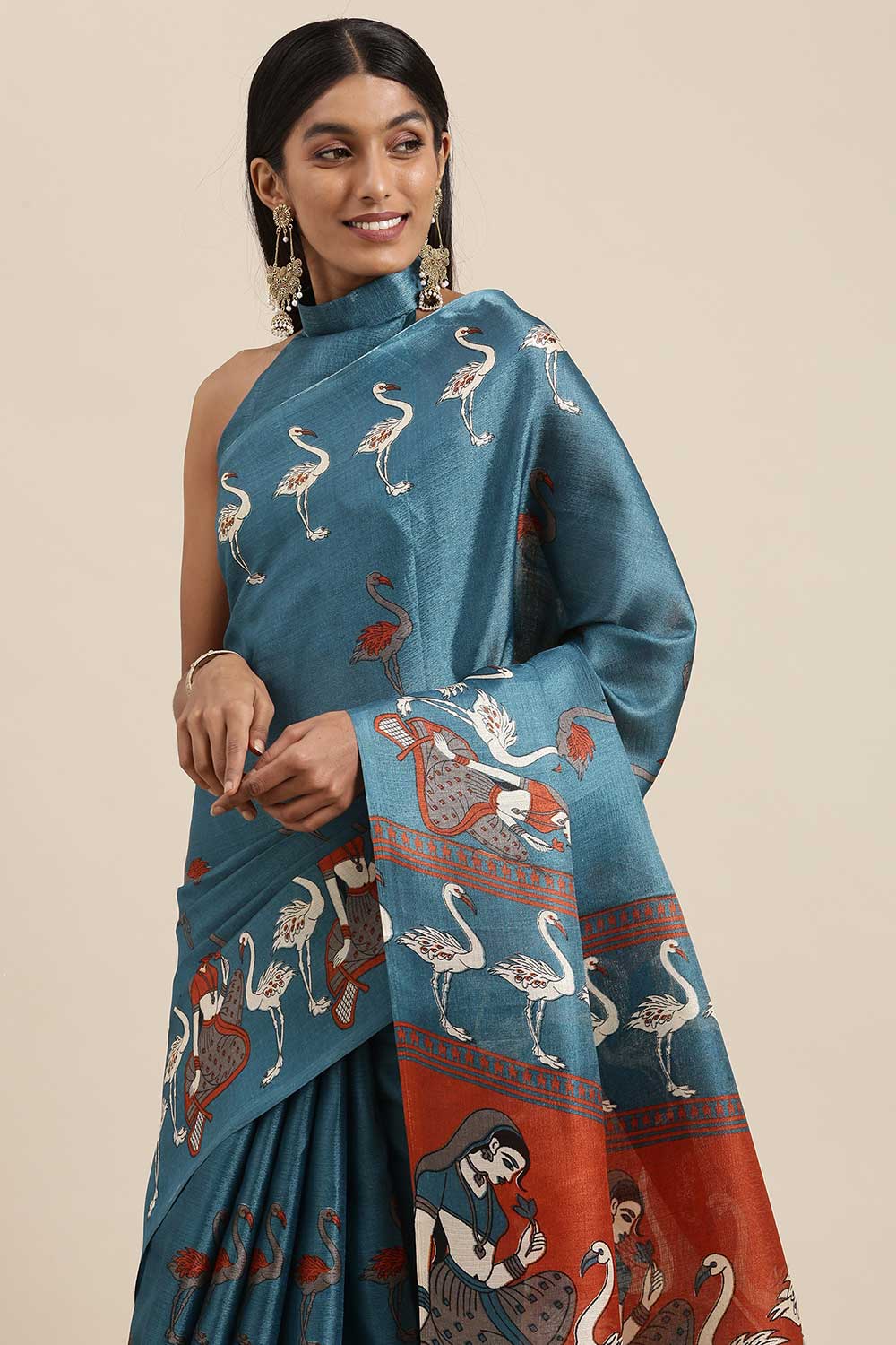 Pippa Teal Blue Bhagalpuri Silk Animal Print One Minute Saree