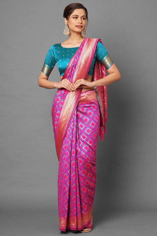 Buy Women's Pink Zari Silk Blend One Minute Saree