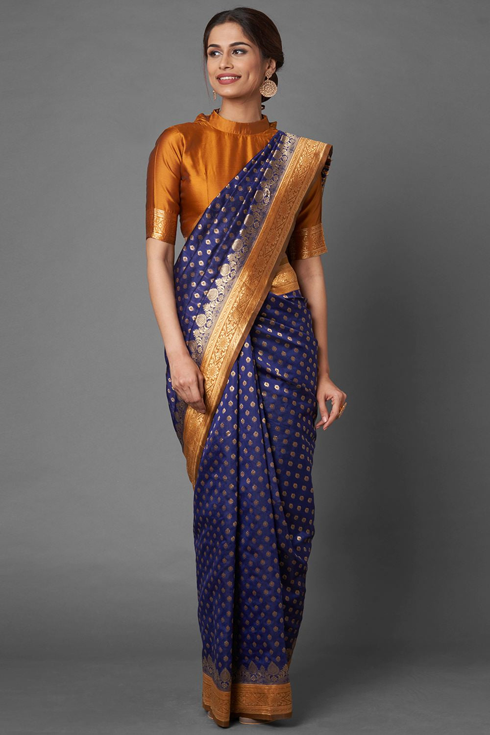 Buy Women's Navy Blue Zari Silk Blend One Minute Saree