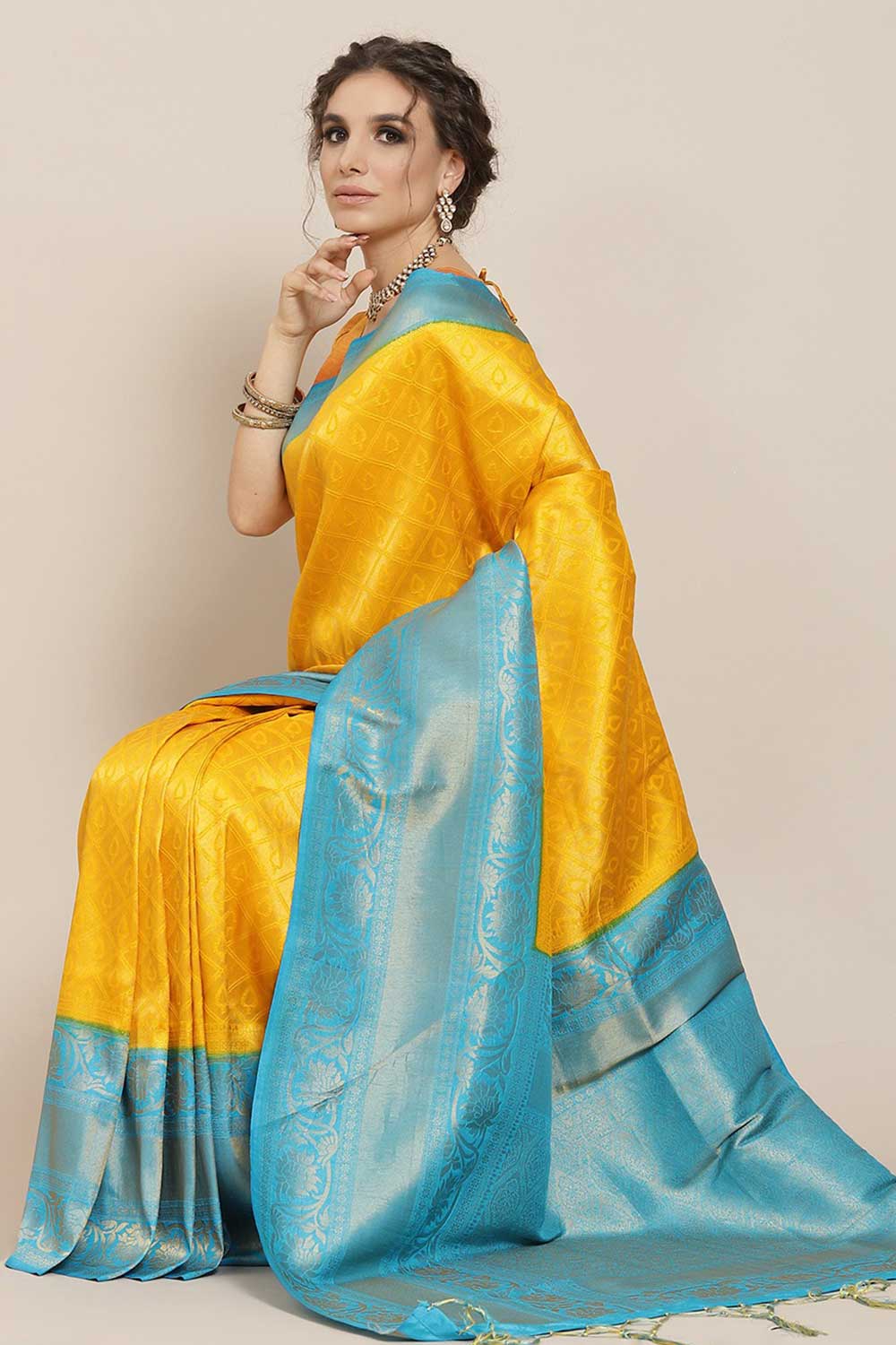 Leanne Yellow & Blue Kanjivaram Litchi Silk Woven One Minute Saree