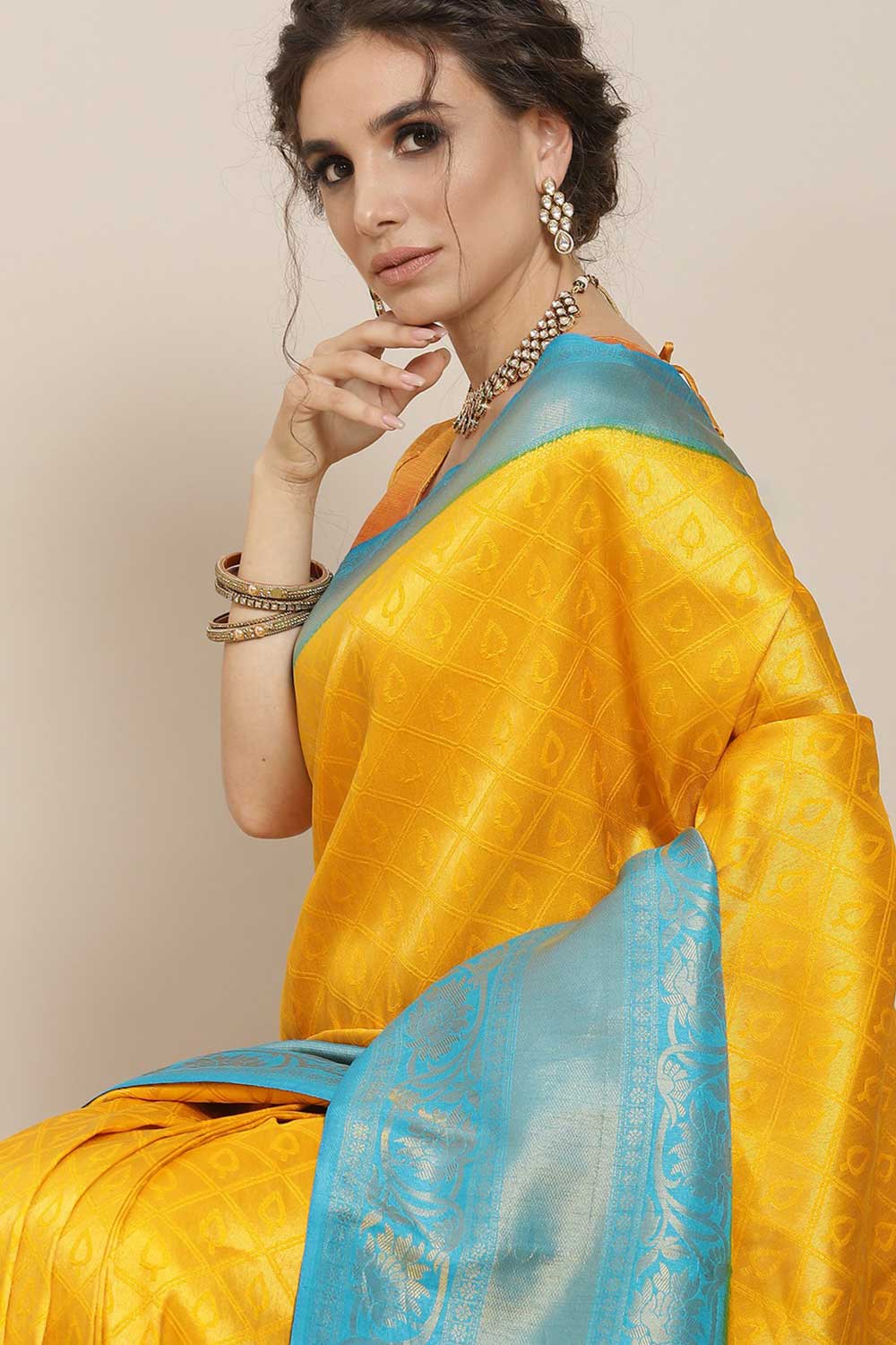 Leanne Yellow & Blue Kanjivaram Litchi Silk Woven One Minute Saree