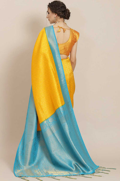 Leanne Yellow & Blue Kanjivaram Litchi Silk Woven One Minute Saree