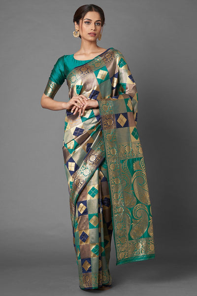 Buy Women's Sea Green & Navy Blue Zari Silk Blend One Minute Saree