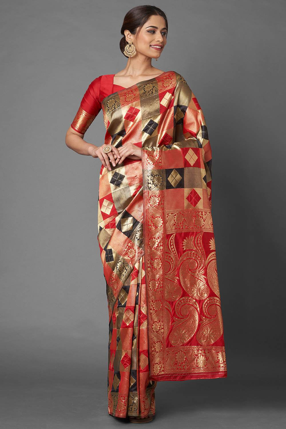 Buy Women's Red & Black Zari Silk Blend One Minute Saree