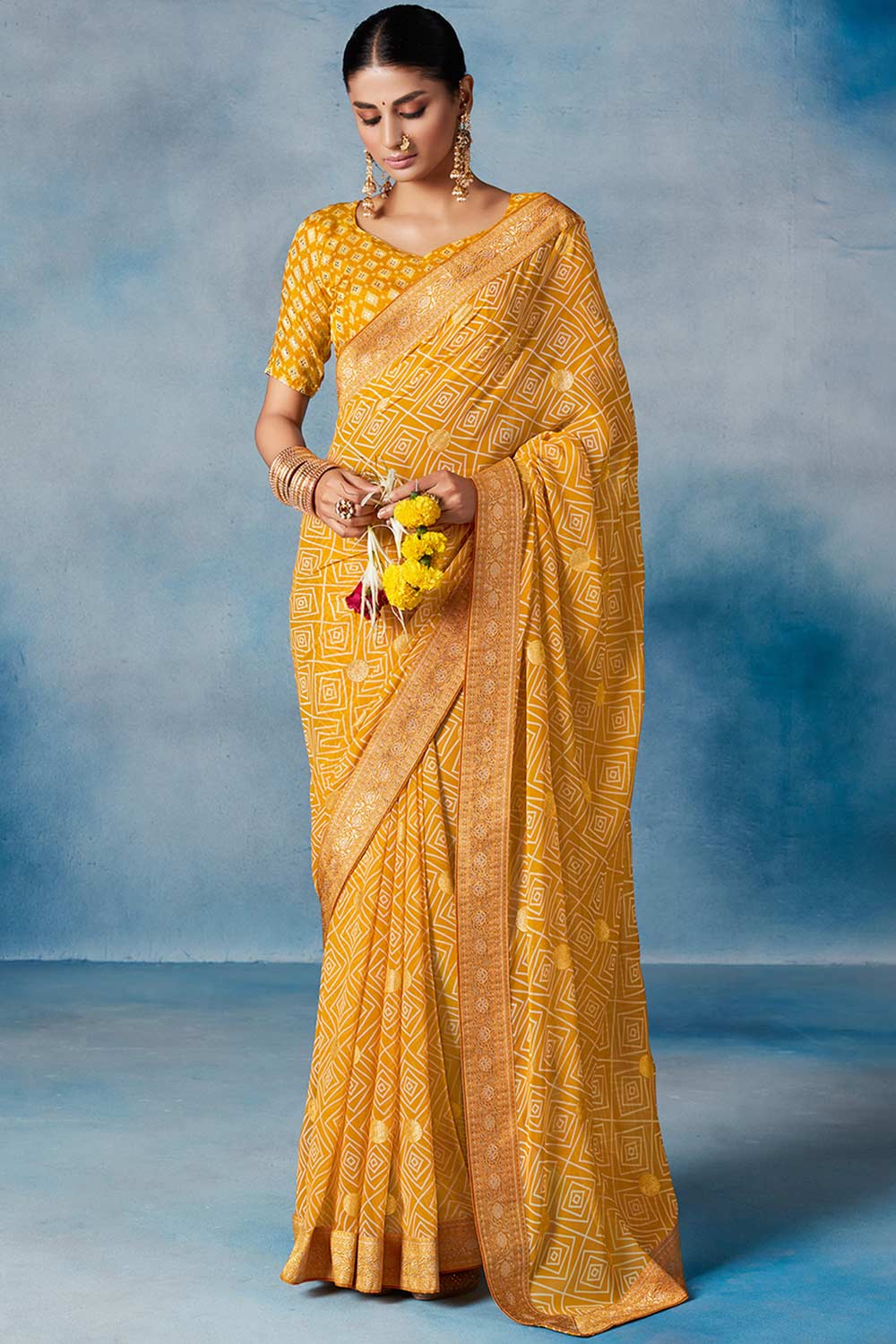 Buy Yellow Georgette Geometric Printed One Minute Saree Online