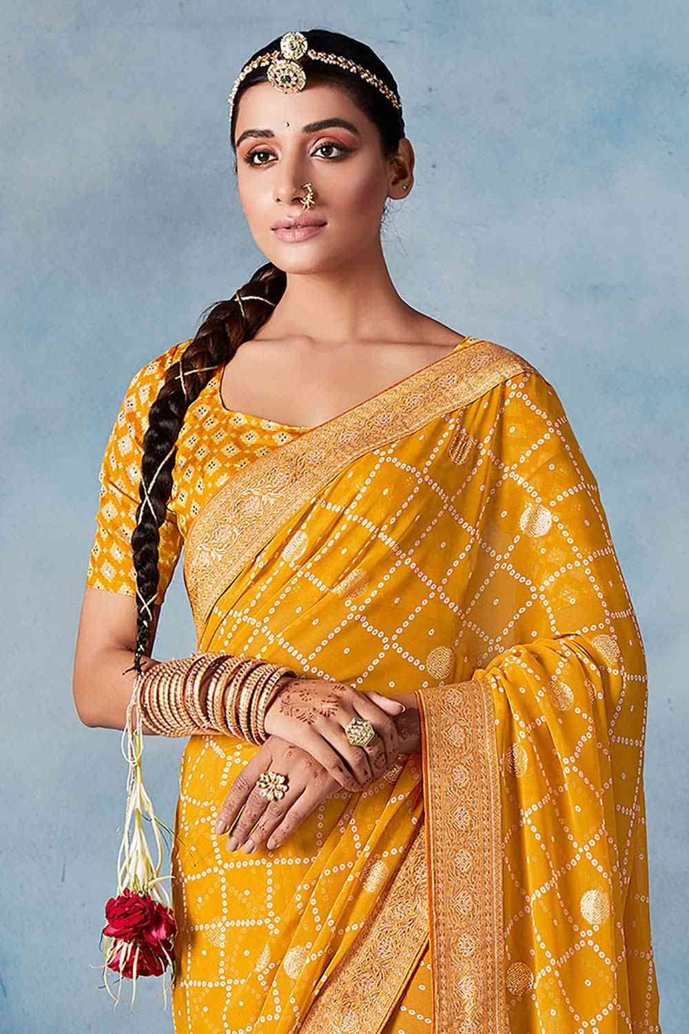 Buy Yellow Georgette Bandhani Printed One Minute Saree Online - Front