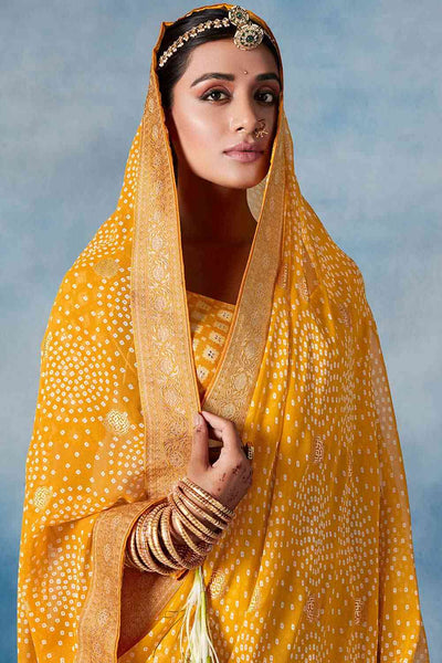 Buy Yellow Georgette Bandhani Printed One Minute Saree Online - Back