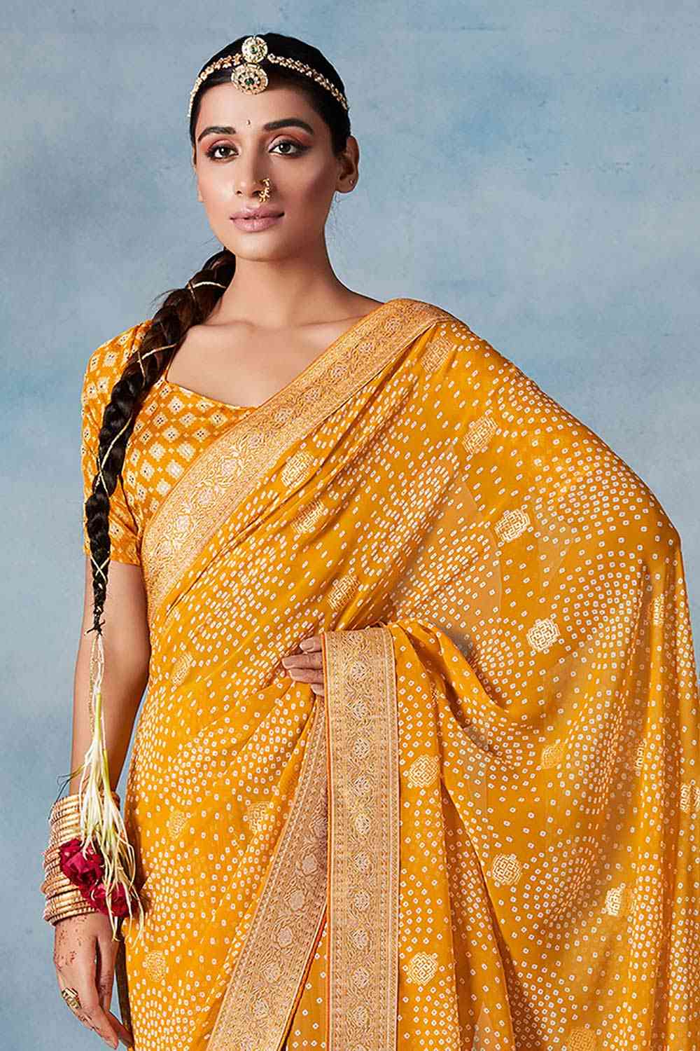 Buy Yellow Georgette Bandhani Printed One Minute Saree Online - Front