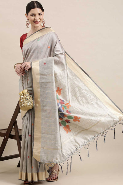 Buy Cotton Silk Polka Dot Saree in Grey Online - Zoom In