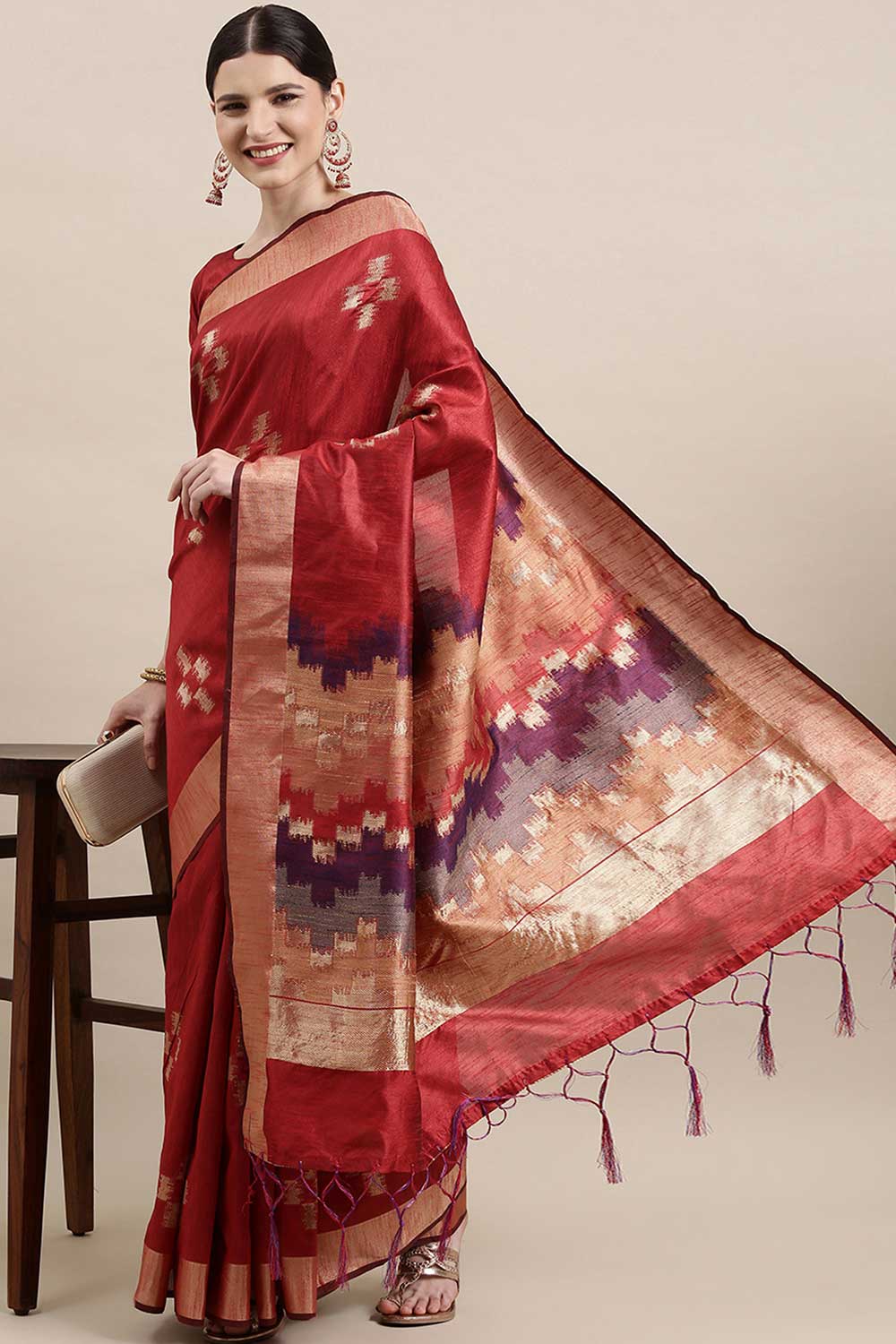 Buy Cotton Silk Banarasi Saree in Maroon Online - Zoom In