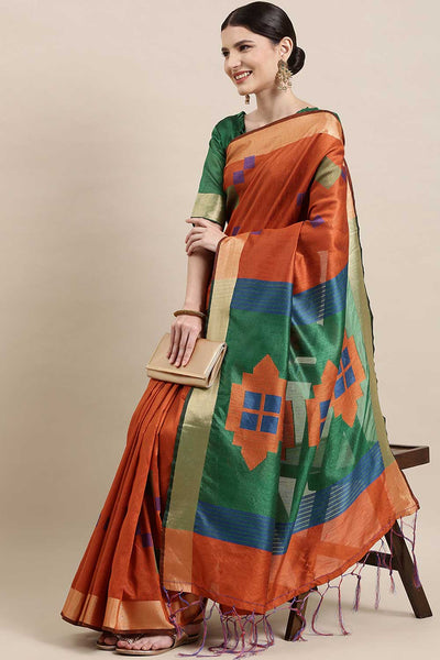 Buy Cotton Silk Banarasi Saree in Orange Online - Zoom In