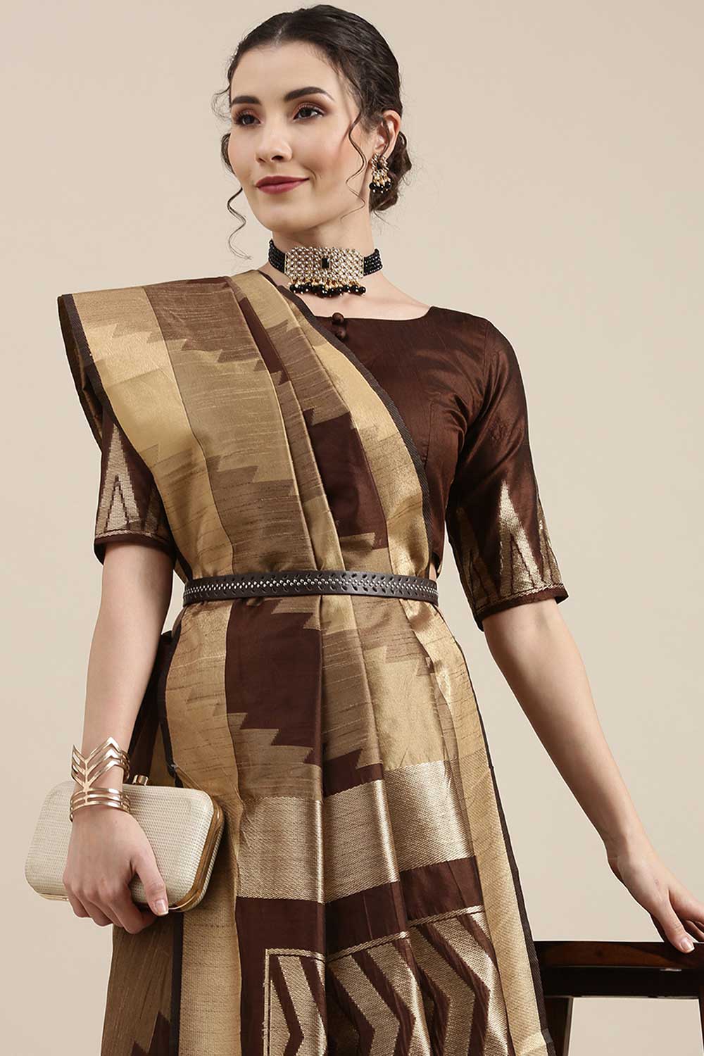 Buy Cotton Silk Banarasi Saree in Brown Paatern Design