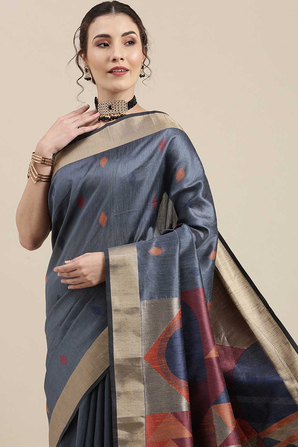 Buy Cotton Silk Banarasi Saree in Grey Paatern Design