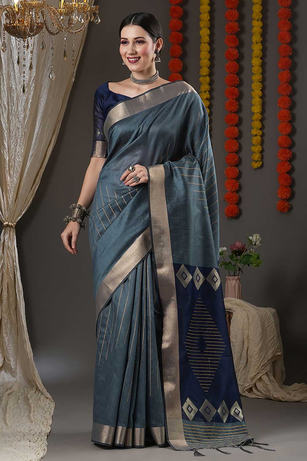 Sian Grey Cotton Silk Abstract Woven Design Banarasi One Minute Saree